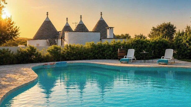 A swimming pool with lounge chairs, a white building with conical roofs, and a sunset in the background. - Trulli Albapetra with Panoramic Pool between Locorotondo and Alberobello (Locorotondo)