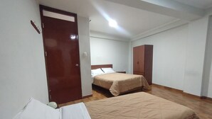 Une chambre avec deux lits, une armoire et une porte.