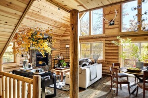 Smart-tv, eldstad, ett bordtennisbord och en stereo