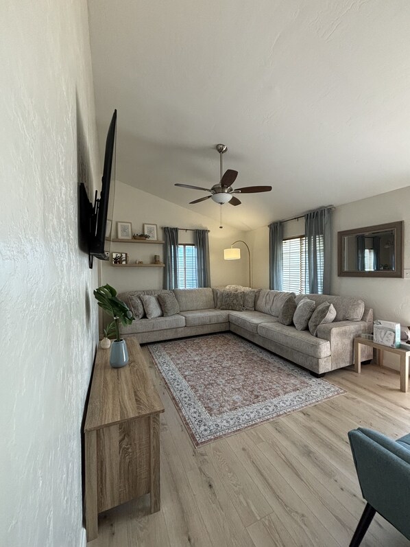 Smart TV, fireplace, computer monitors