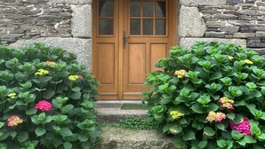 Ein Gebäude aus Stein mit einer Holztür, einem steinernen Bogen und Grünpflanzen mit rosa Blüten im Vordergrund.