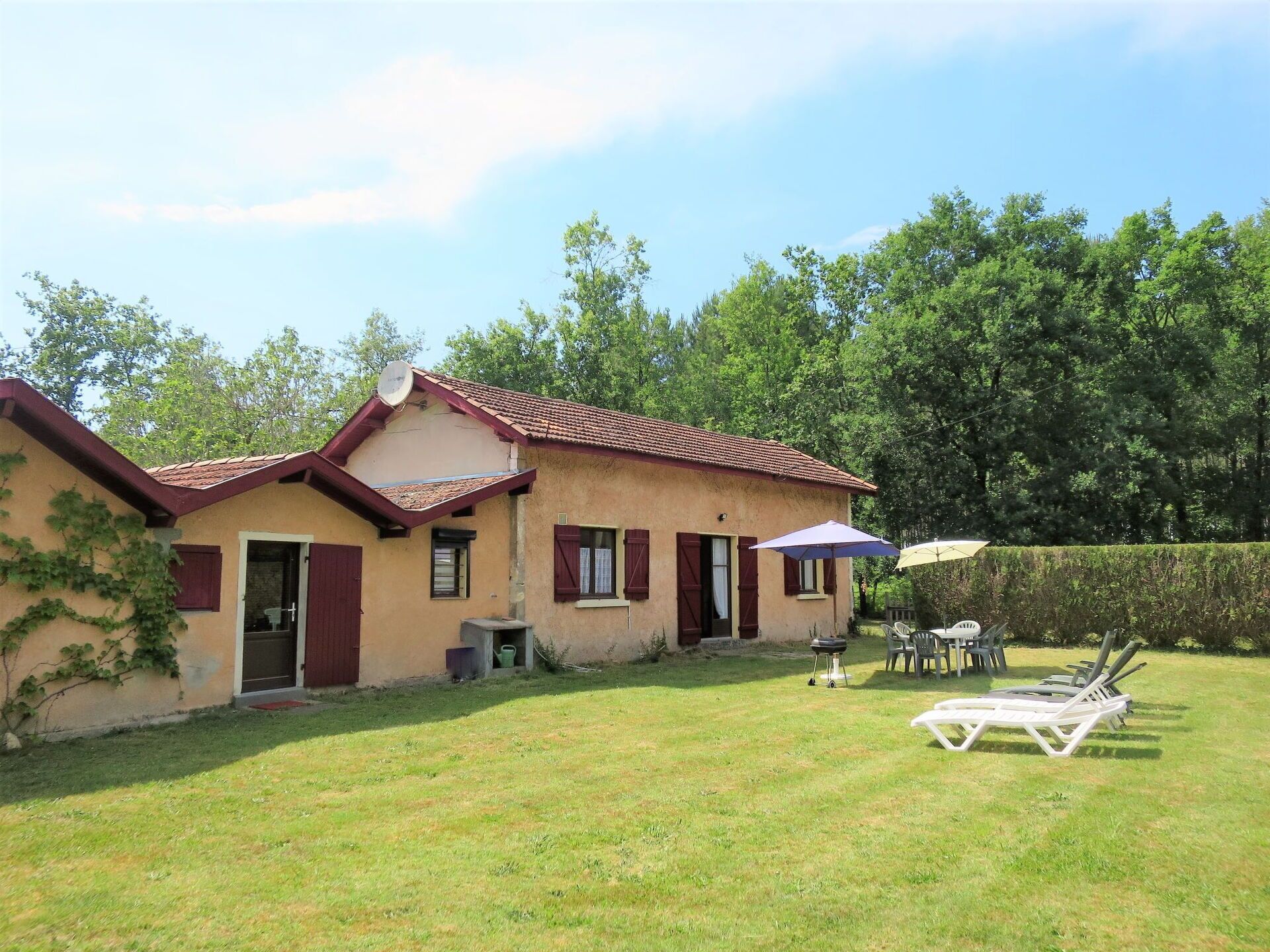A two-story house with a red-tiled roof, a small attached garage, and a backyard with a lawn, a barbecue grill, and outdoor furniture.