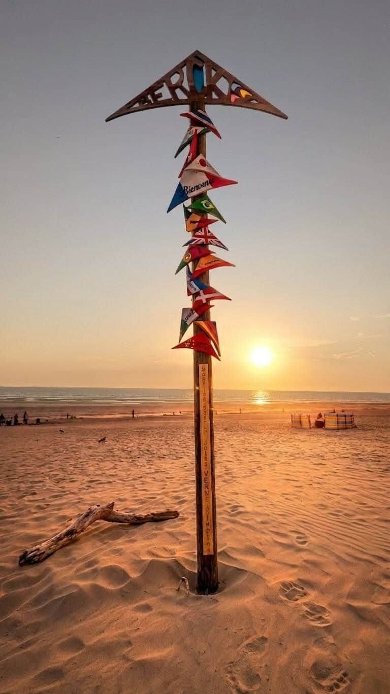 Una playa con un asta de bandera decorada con varias banderas nacionales.
