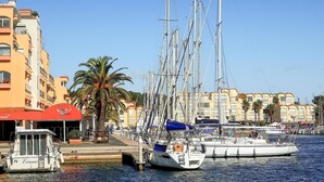 Un port de plaisance où sont amarrés plusieurs voiliers, un palmier et des bâtiments dotés de balcons.