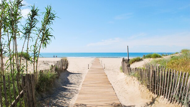 Une promenade en bois menant à une plage, avec des clôtures en bambou de chaque côté.