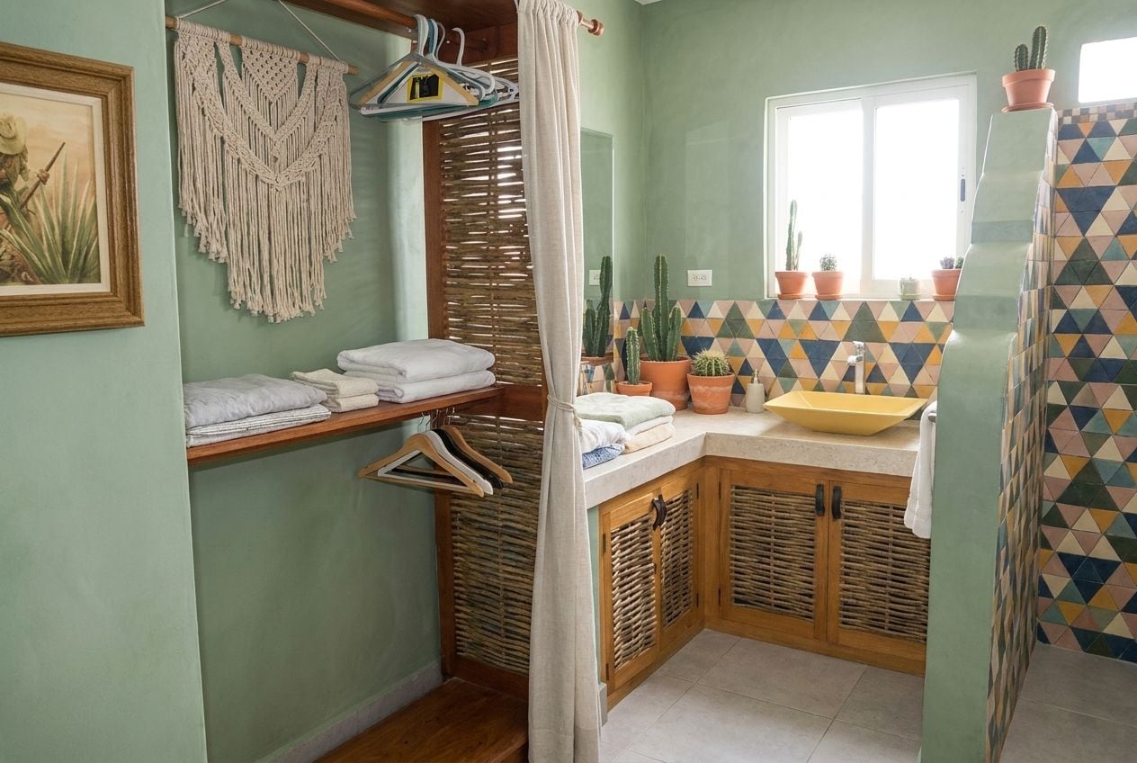 Een badkamer met een douchegordijn, een wastafel met een gele kom en een macramé wanddecoratie.