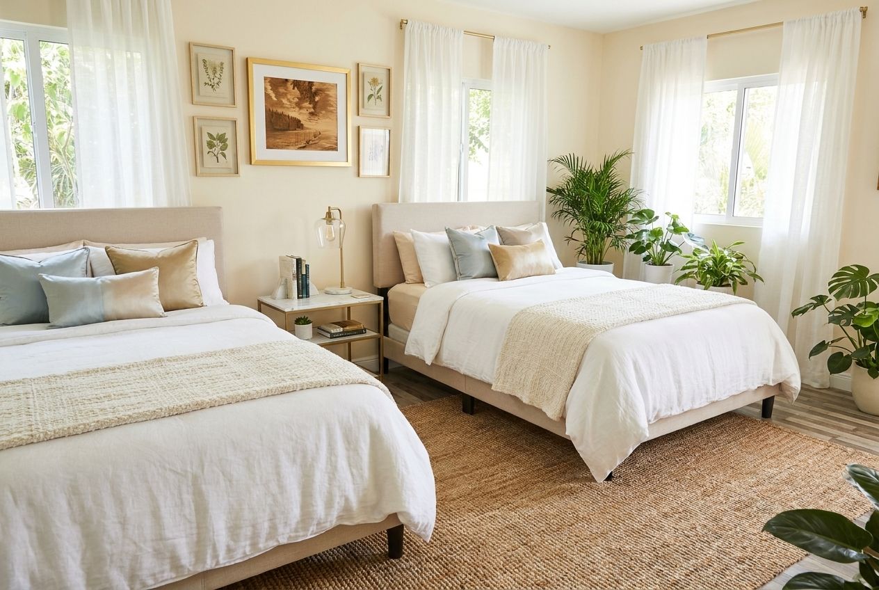 A bedroom with two beds, a nightstand, a lamp, and several potted plants.