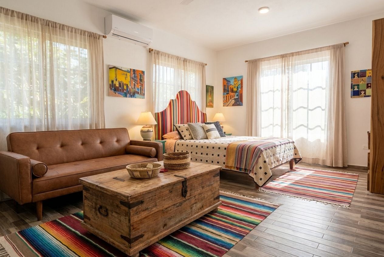 Una habitación con un sofá de cuero marrón, un aparador de madera, una cama con colcha a rayas y dos lámparas de pared.