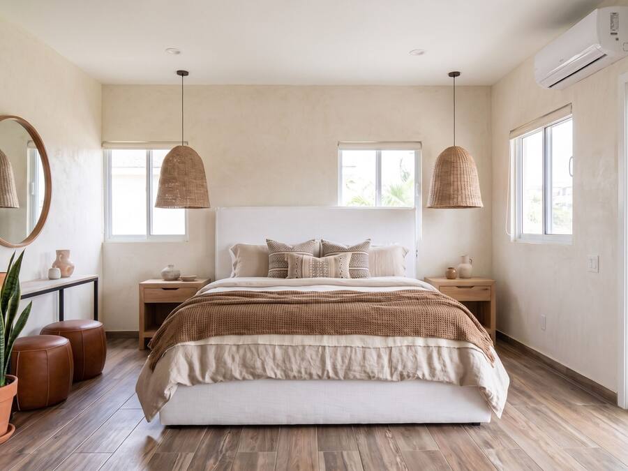 A bedroom with a large bed, two bedside tables, a mirror, and a potted plant.