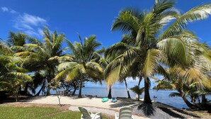 Una playa con dos sillas de plástico blancas y una mesa de picnic, rodeada de palmeras y un cielo azul despejado.