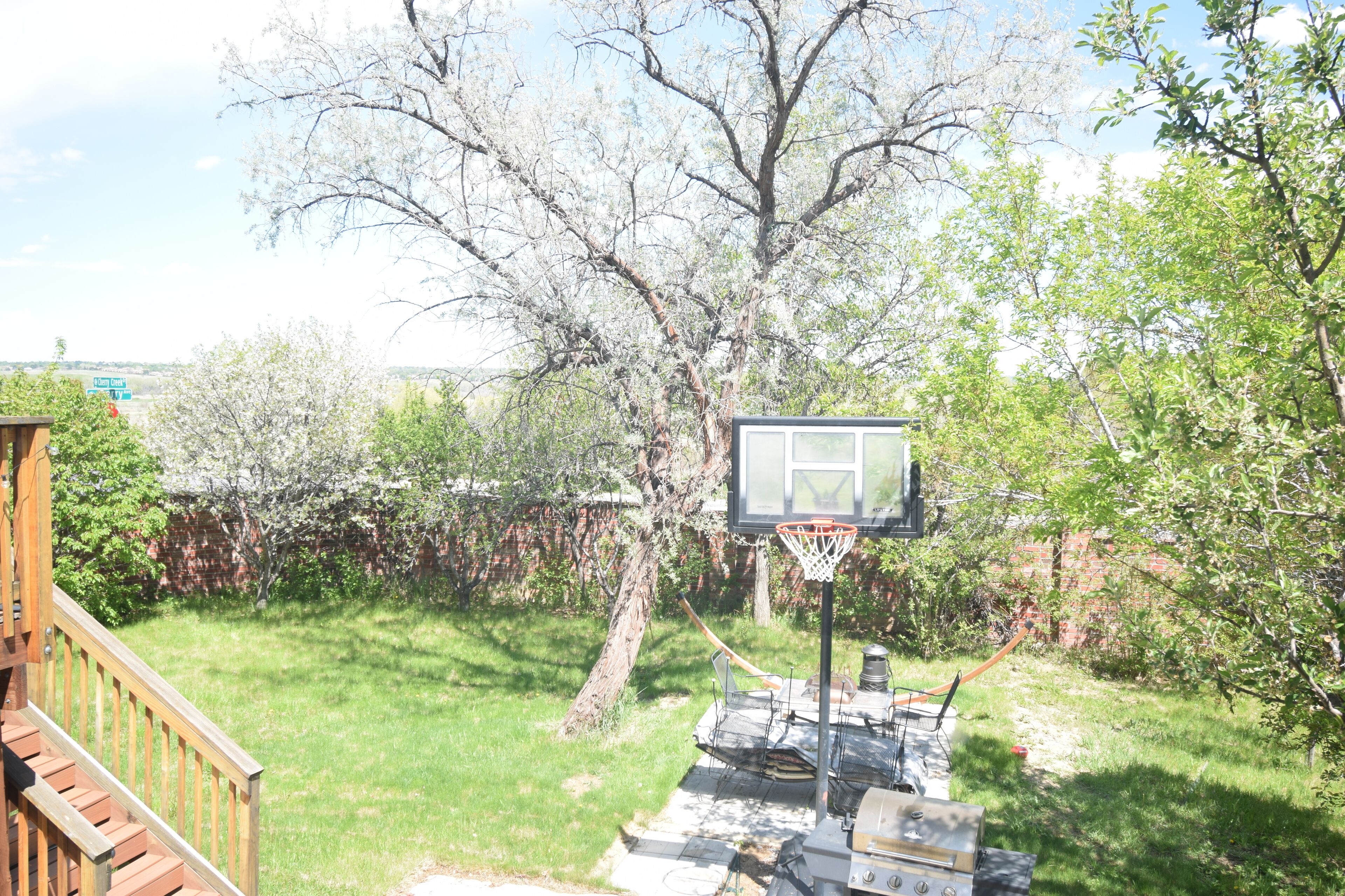 A backyard with a basketball hoop, a wooden deck, and a barbecue grill.