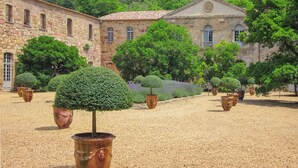 Une cour agrémentée d’arbres taillés en formes géométriques, plantés dans de grands pots, et bordée d’un chemin de gravier, avec, en arrière-plan, un bâtiment historique en pierre.
