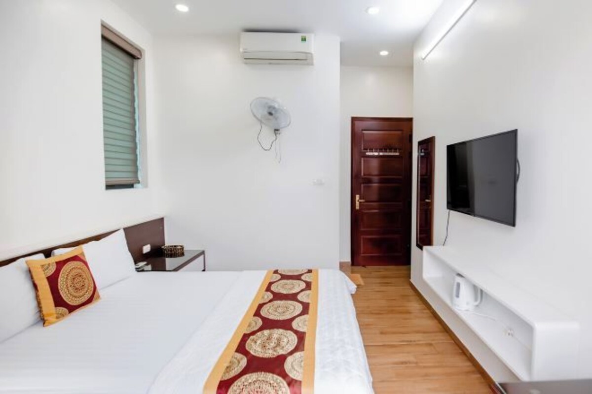 Een hotelkamer met een bed, een televisie, een airconditioner en een ventilator.