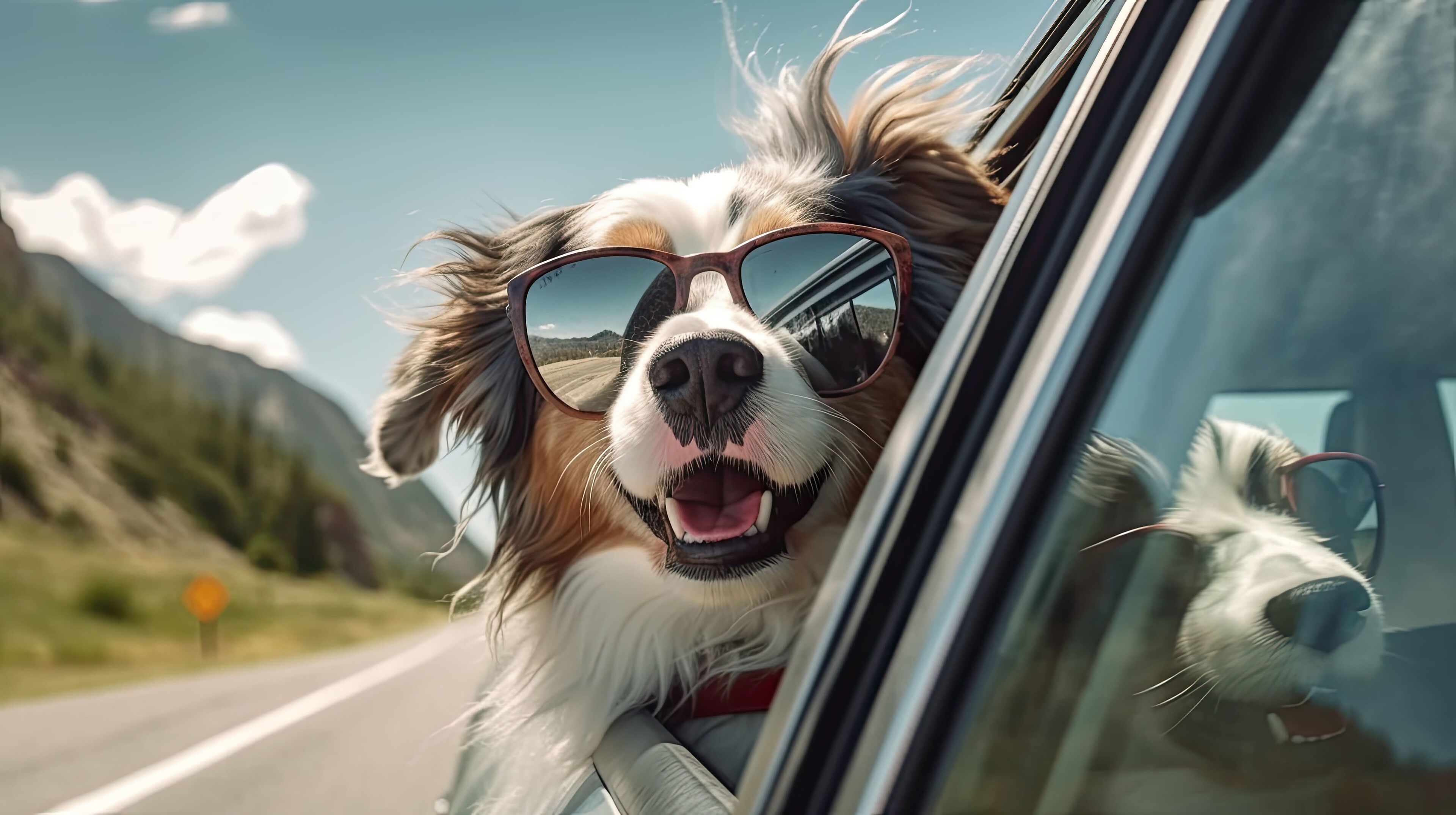 A dog with sunglasses leaning out of a car window.