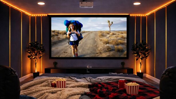 Une pièce chaleureuse avec un grand téléviseur à écran plat, des sièges confortables, du pop-corn et un vase décoratif.
