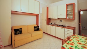 Een ruimtelijk ingerichte leefruimte met een bank, kitchenette en een eethoek.
