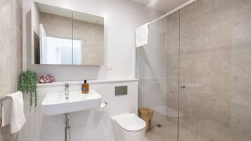 A modern bathroom with a glass shower enclosure, a white sink, and a toilet.