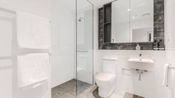 Shower, hair dryer, towels