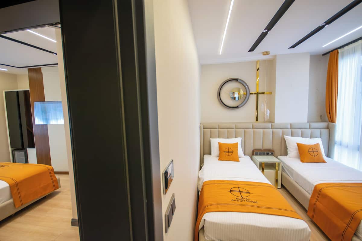 Habitación de hotel con dos camas, un espejo grande y un diseño moderno.