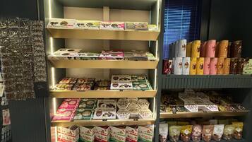 A display of packaged food items in a store.