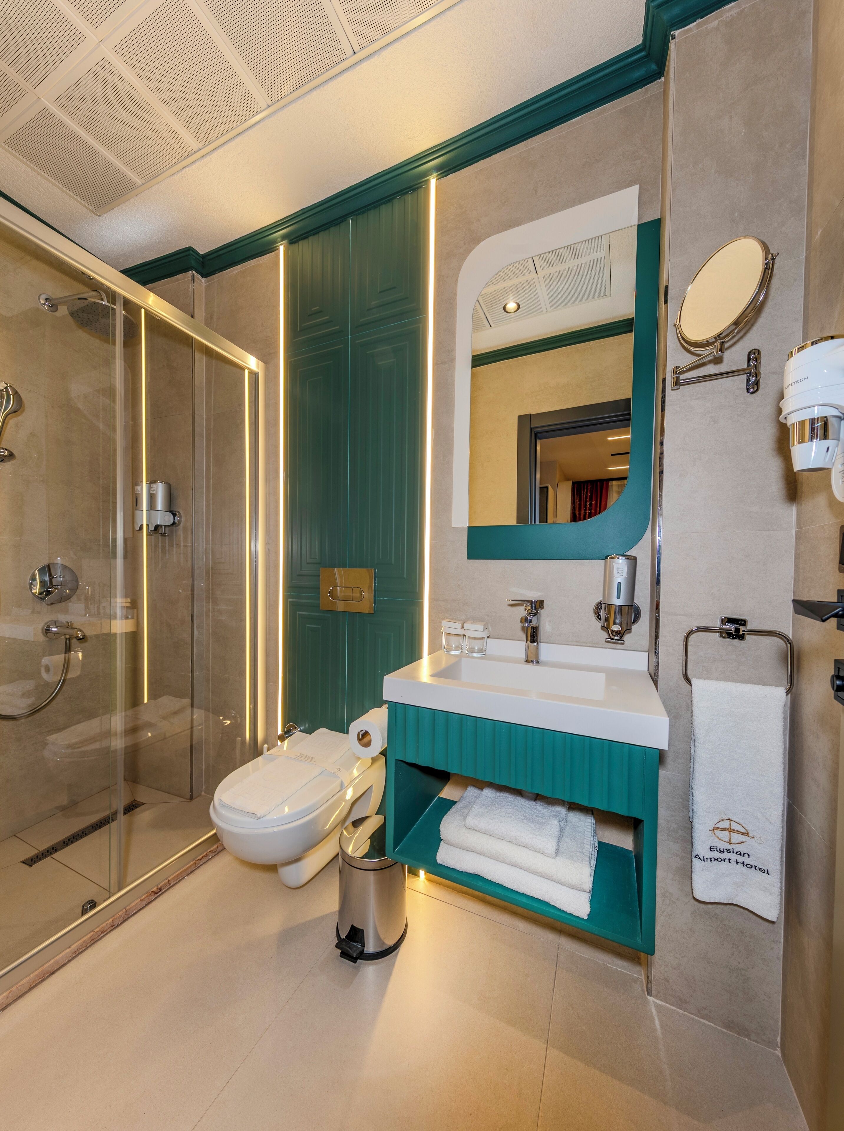 A modern bathroom with a glass-enclosed shower, a white toilet, a sink with a mirror, and a towel rack.