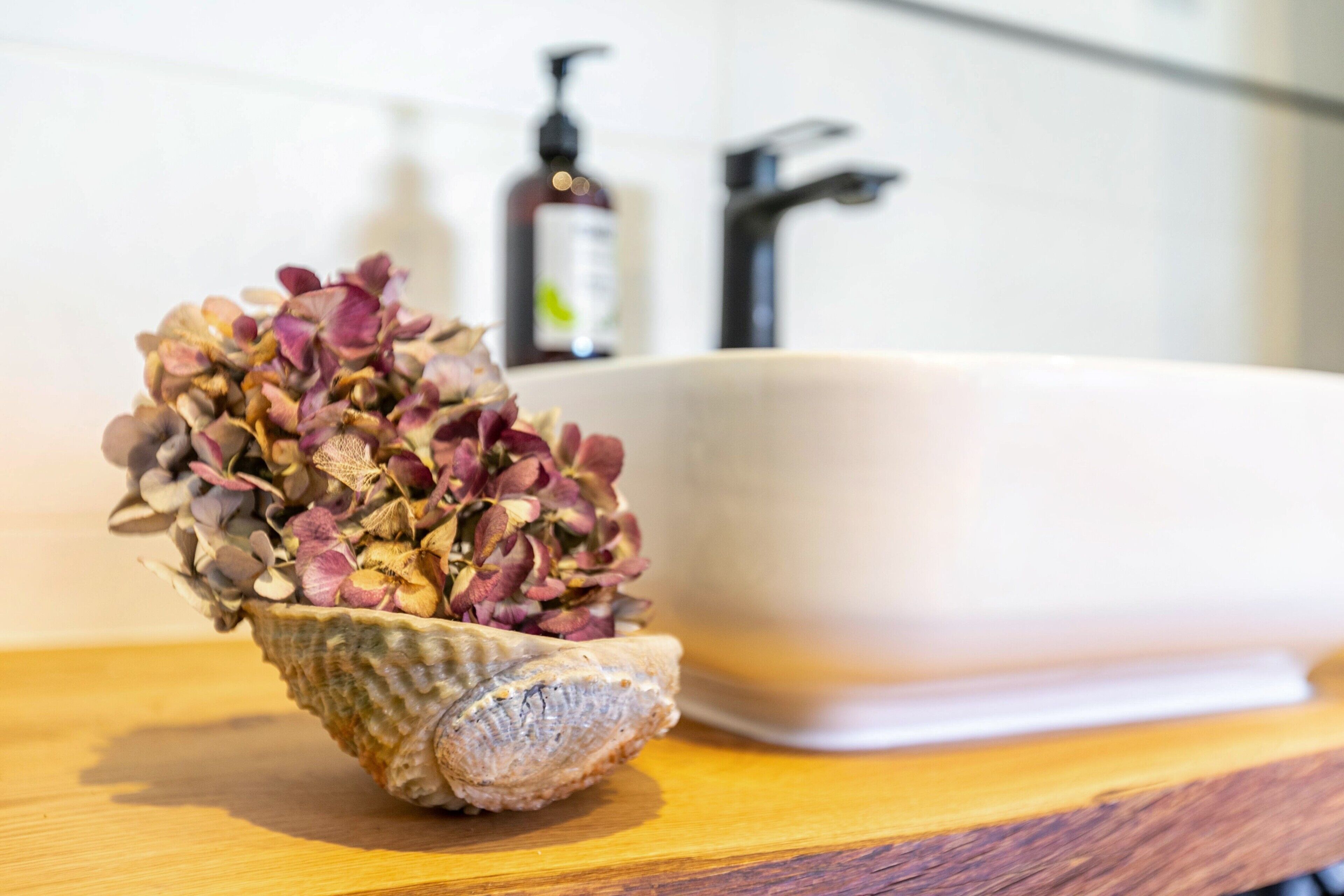 A shell with dried flowers on a wooden surface, a white sink, and a black faucet in the background.