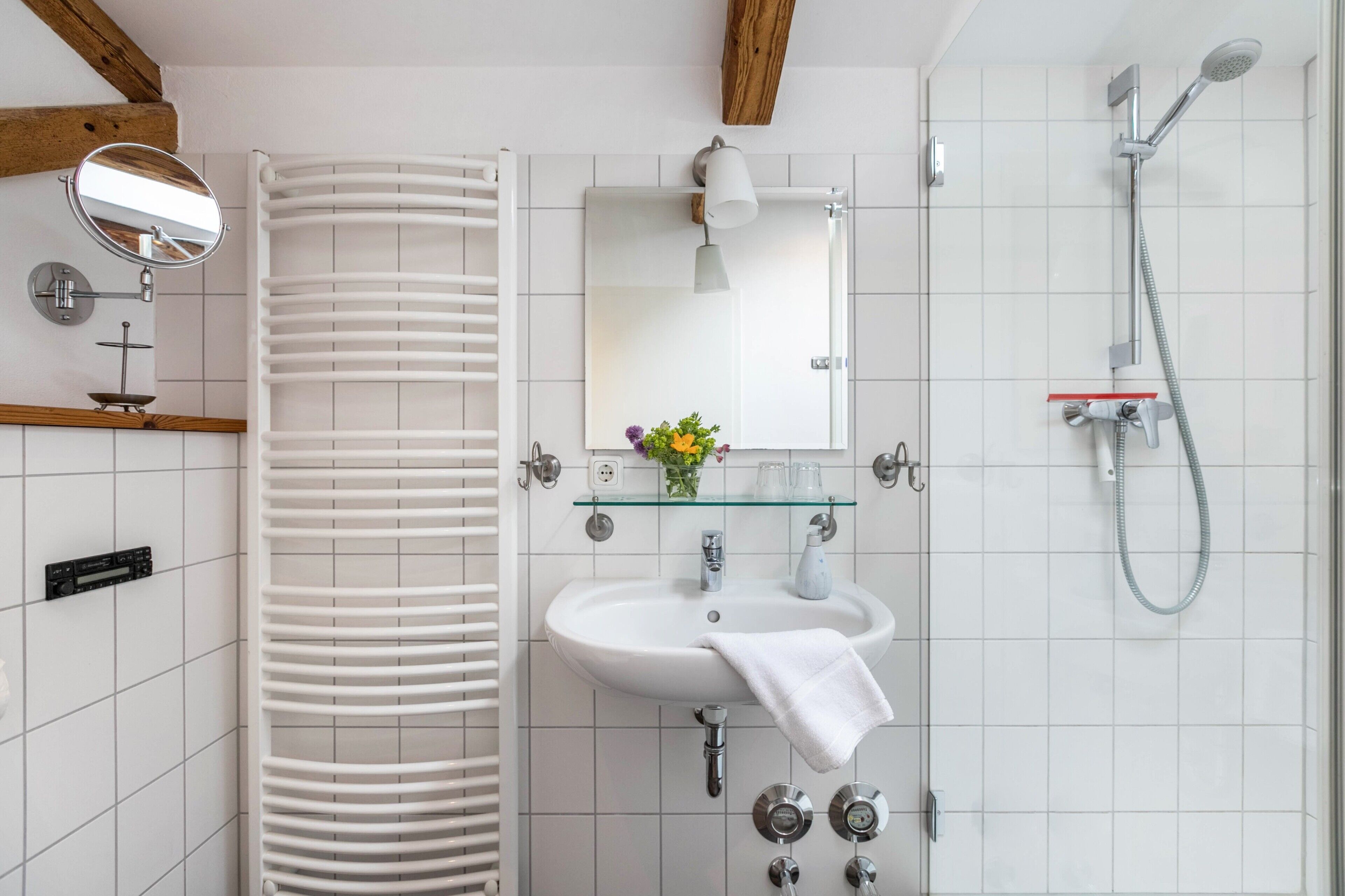 Shower, hair dryer, towels