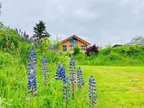 Una casa rodeada de abundante vegetación y altas flores azules.
