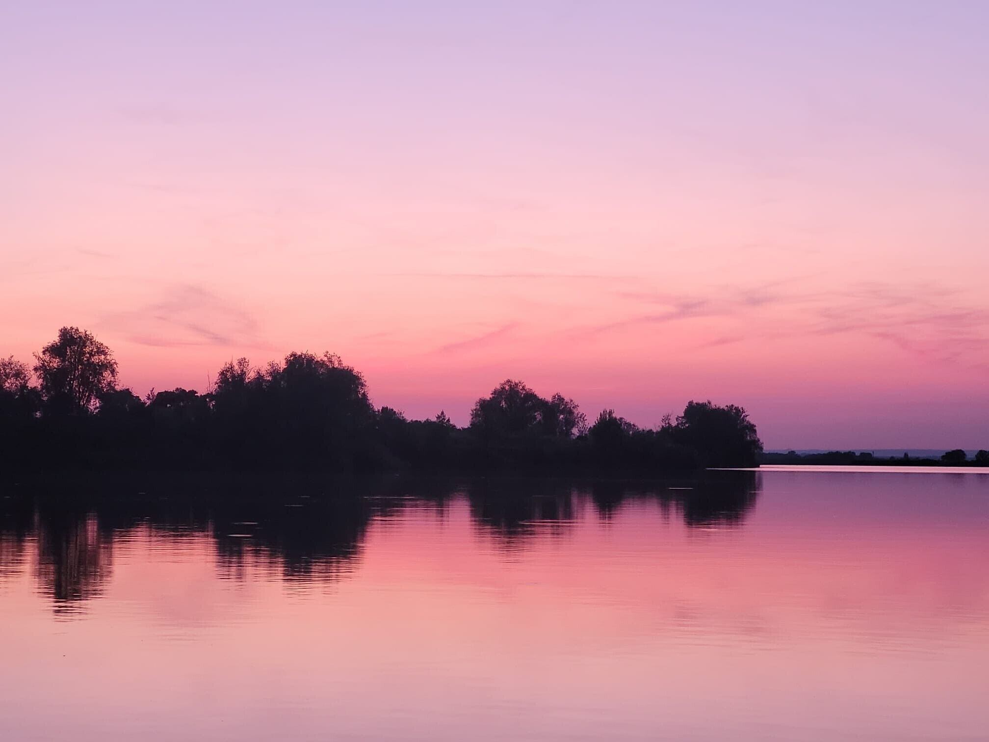 A calm body of water reflecting a sunset sky with silhouettes of trees on the horizon.
