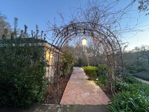 A stone pathway leading through a garden with a pergola structure and a lamp post.