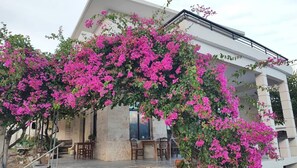 A building with a white facade, a covered outdoor seating area with wooden furniture, and a staircase leading to the entrance. - Glikanisos House Nipos - Ideal for Hikers and Families 2bd, 6pl, 10min to Beach (Apokoronas)