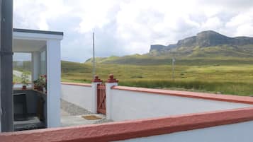 A balcony with a view of a grassy landscape and a mountain in the distance.