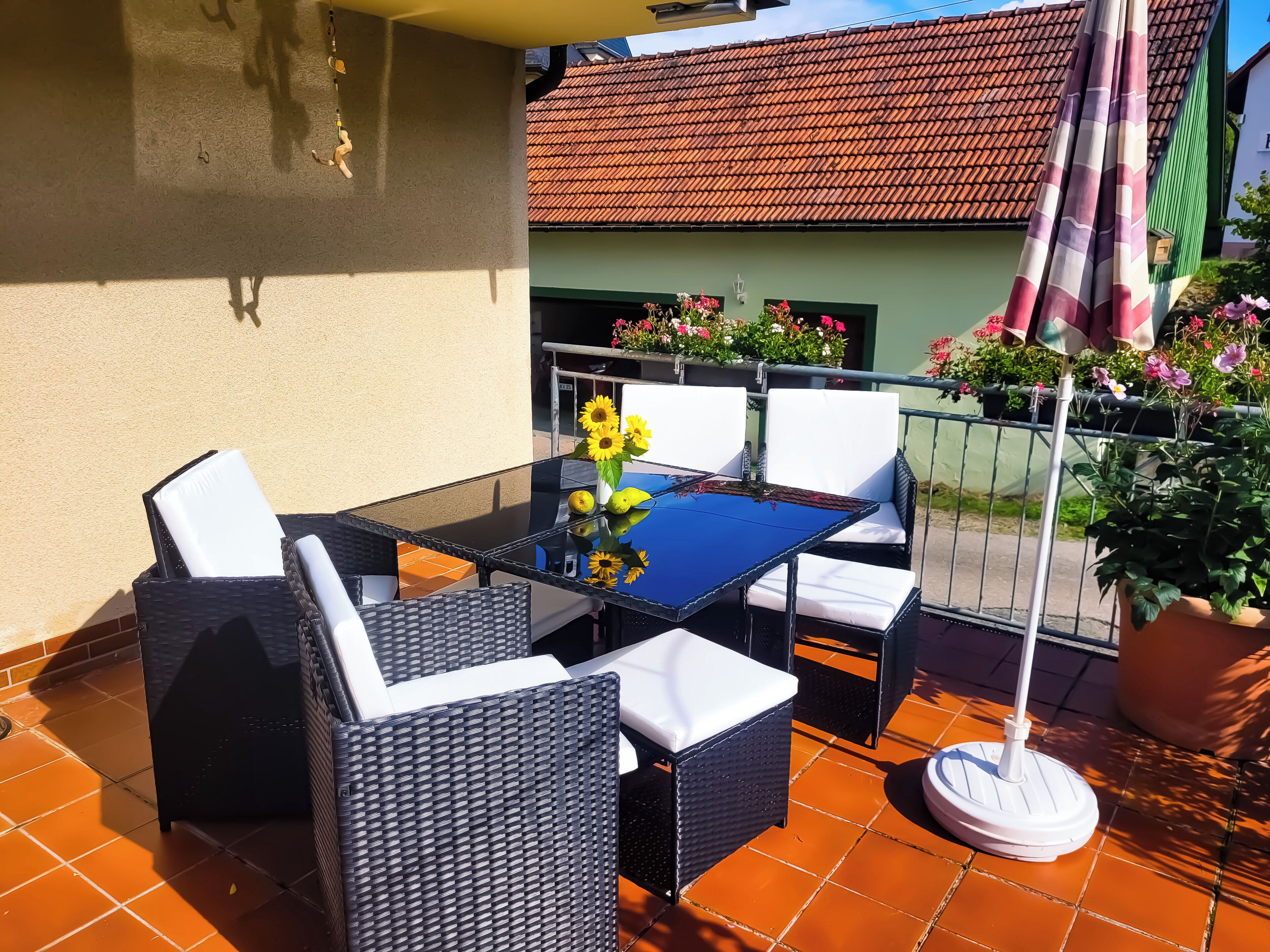 A patio with a glass table, wicker chairs, and a potted plant.