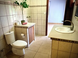 Ein Badezimmer mit Toilette, Waschbecken und einer Zimmerpflanze.