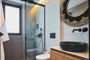 Shower, hair dryer, towels