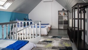 A bedroom with a sloped ceiling, a skylight, a staircase, and a bookshelf.