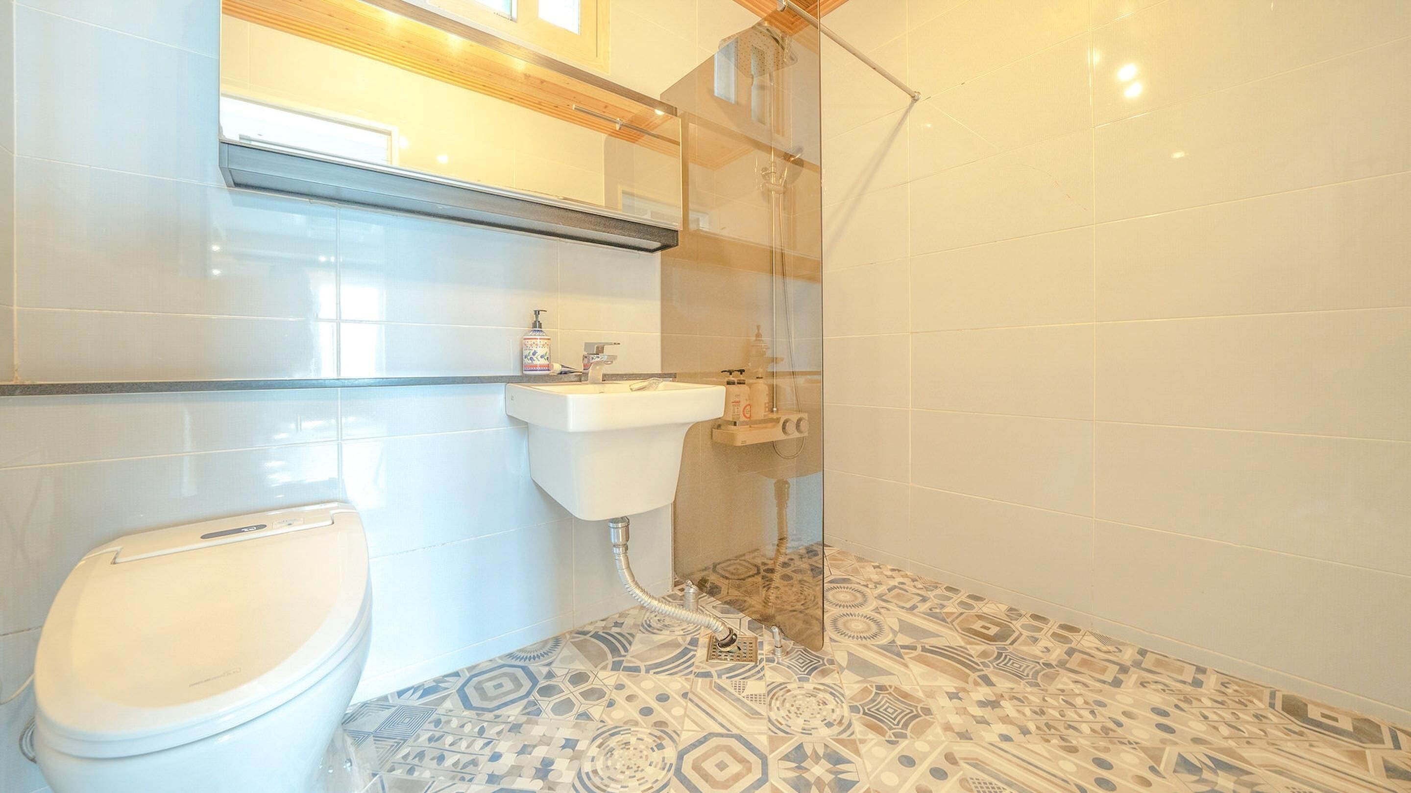Een badkamer met toilet, wastafel en douche.