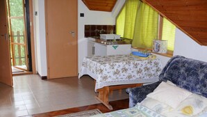 A cozy room with a bed, a sofa, a small kitchen area, and a door leading outside.