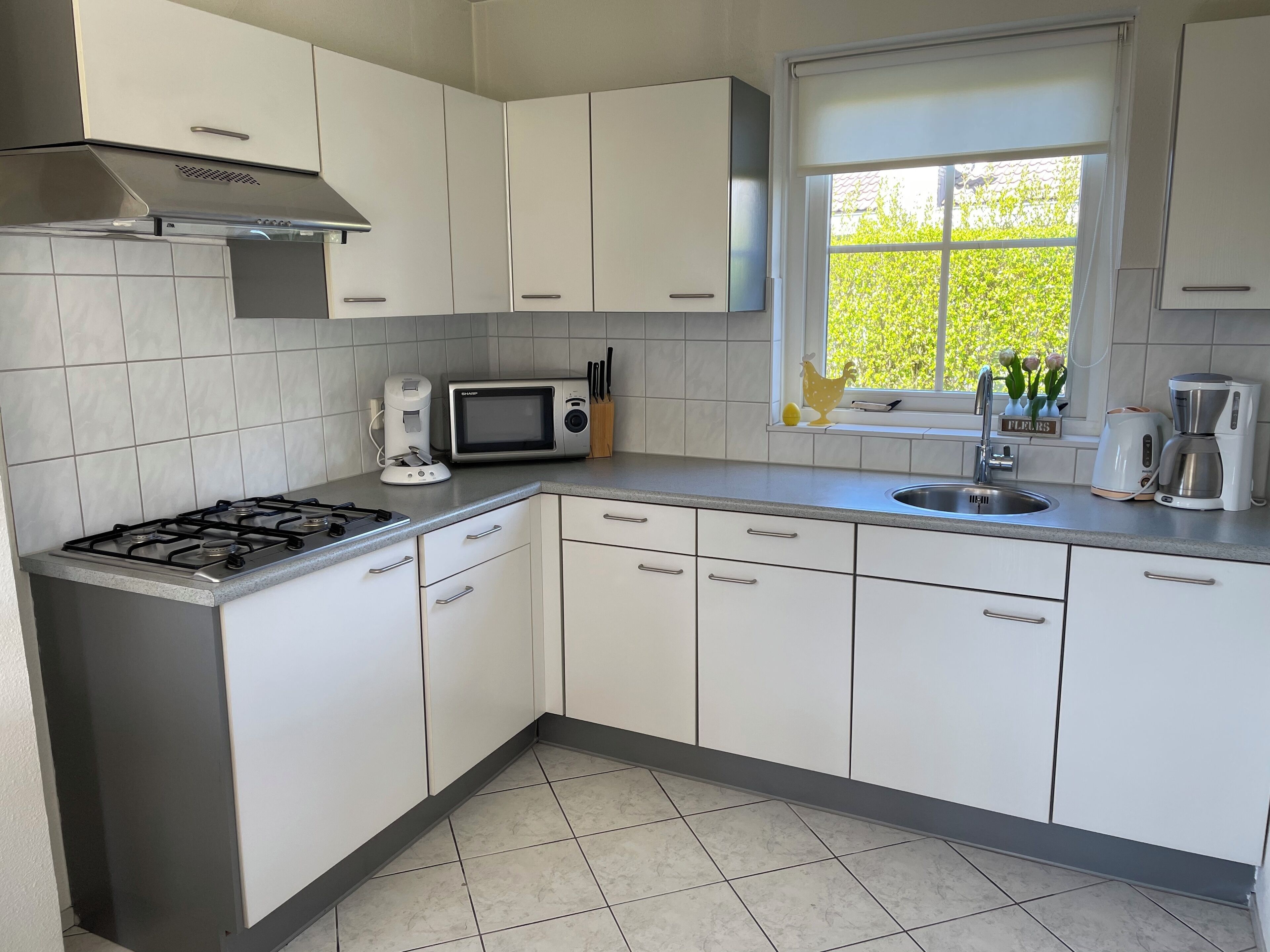 Fridge, stovetop, dishwasher, coffee/tea maker