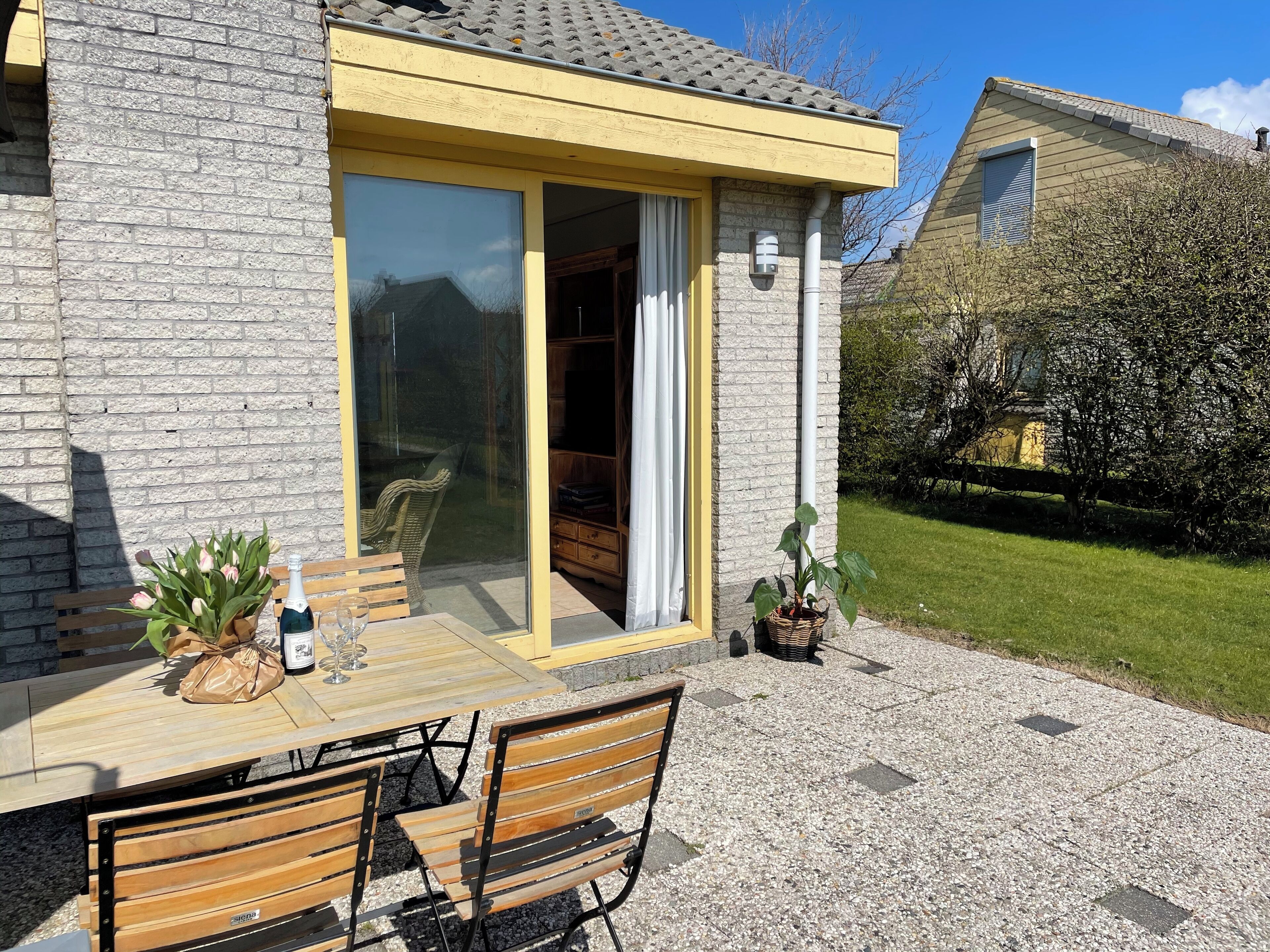 A patio with a table and chairs, a potted plant, and a bottle of champagne.