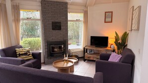 Una sala de estar con chimenea, dos sofás, un televisor y una planta.
