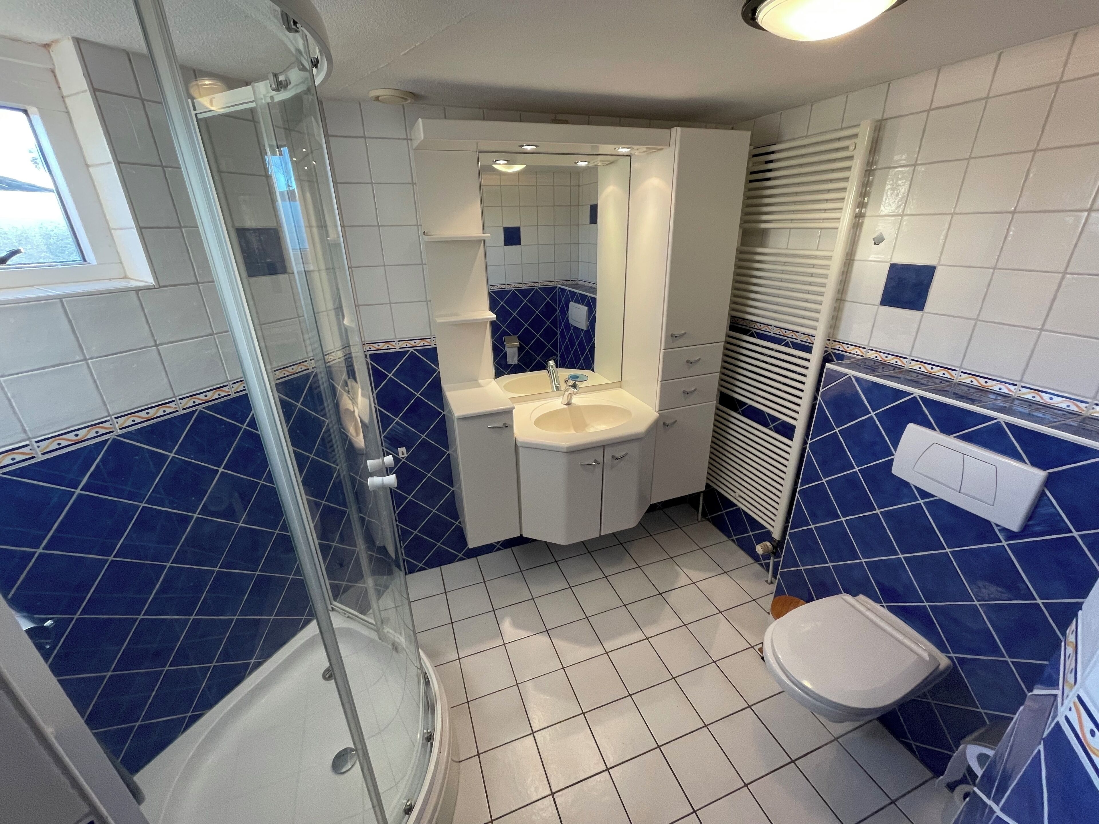 Une salle de bain avec une douche à parois de verre, un lavabo et des toilettes.