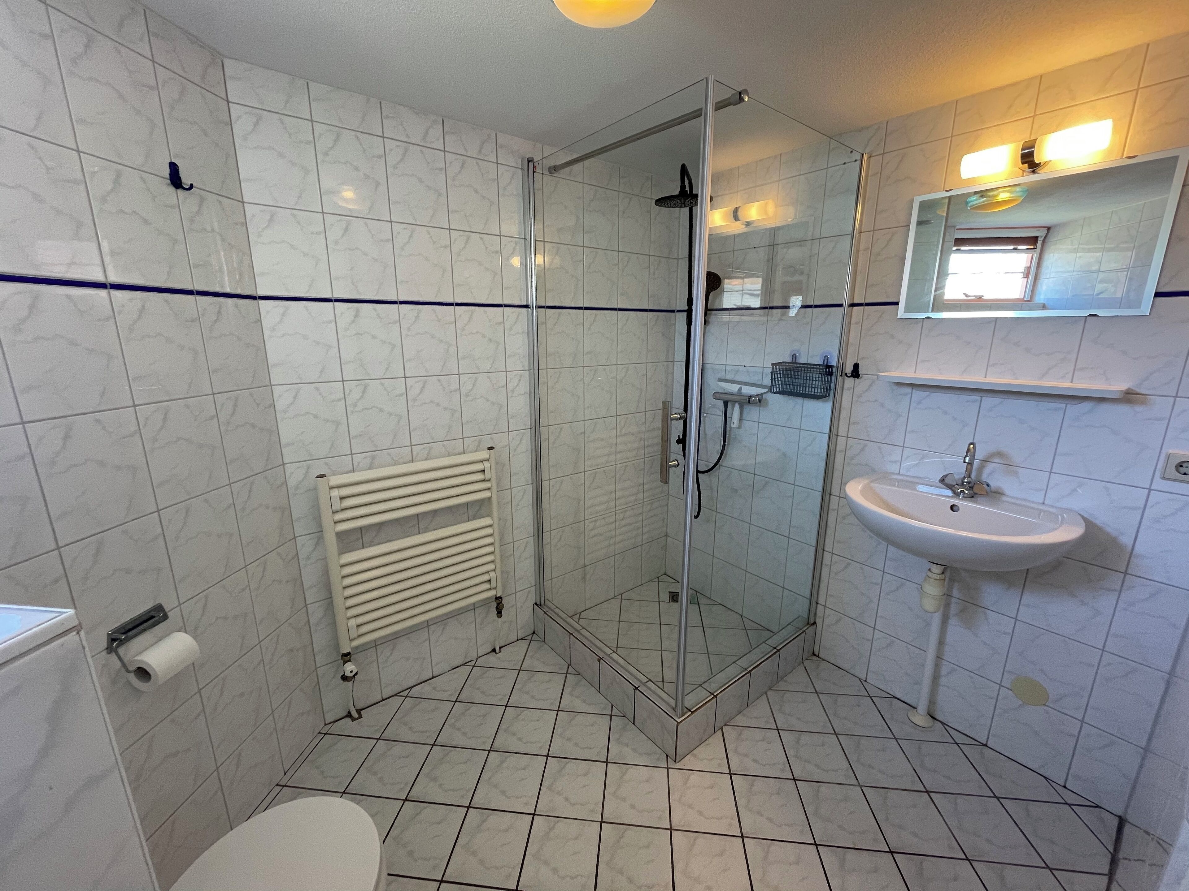 Une salle de bain avec une douche à parois de verre, un lavabo blanc et des toilettes.