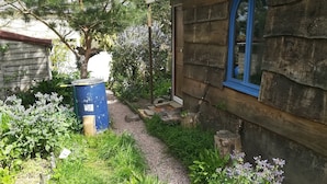 Un edificio de madera rústico con un ventanal azul, rodeado de abundante vegetación y un sendero de grava.