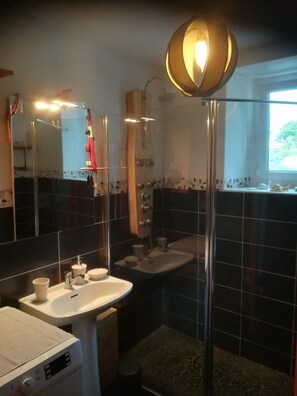 Shower, hair dryer, towels, soap