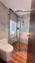 A modern bathroom with a glass-enclosed shower, a white toilet, and a wooden floor.