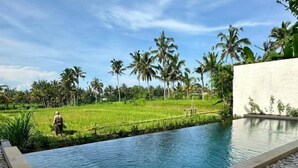 A swimming pool with a pebble border, surrounded by a lush green landscape and palm trees. - Kanaka Villa Buahan (Payangan)