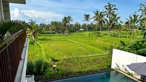 A swimming pool with a view of a lush green field and palm trees. - Kanaka Villa Buahan (Payangan)