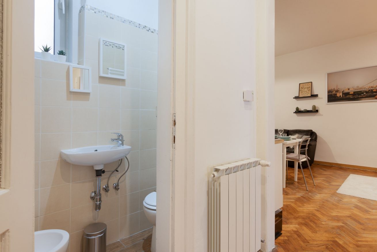 Shower, hair dryer, bidet, towels