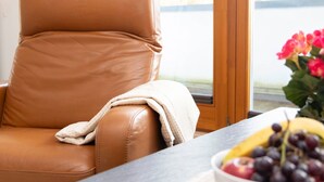 A brown leather chair with a blanket, a table with a bowl of fruit, and a window with a view of greenery. - Beautiful apartment for 4 guests with WIFI, TV and balcony (Greifswald)